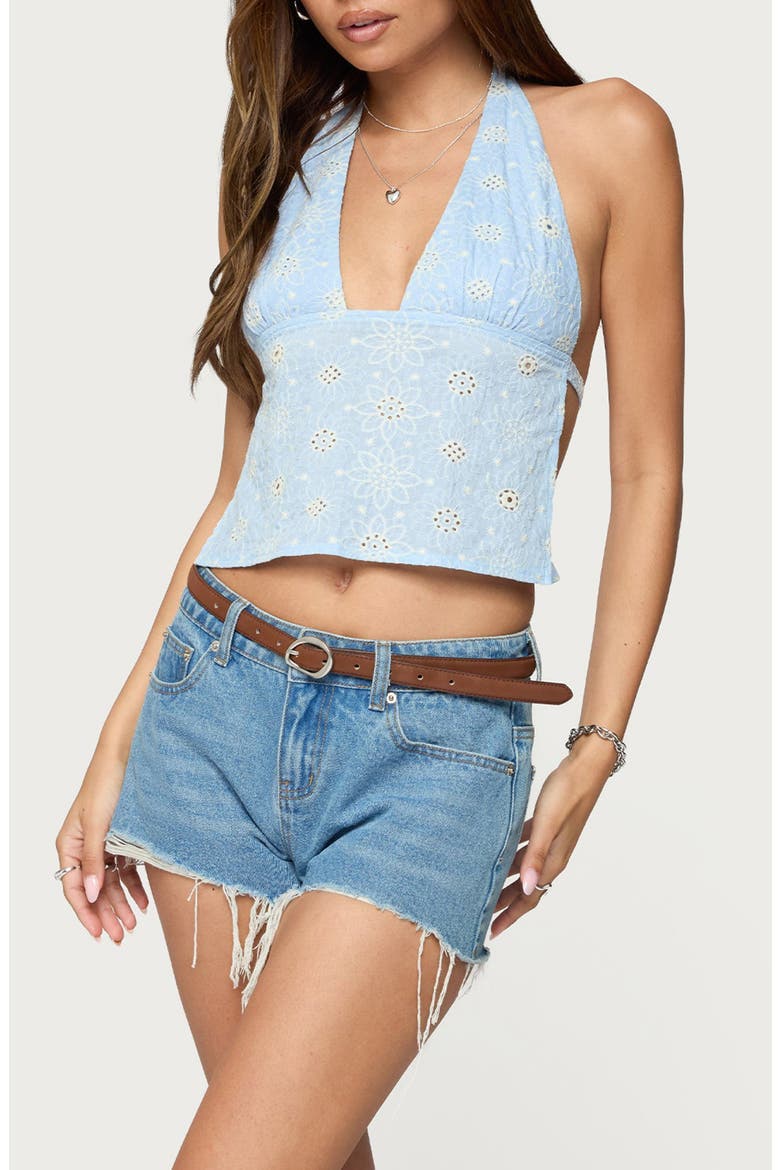 Backless Eyelet Halter Top, Main, color, BLUE
