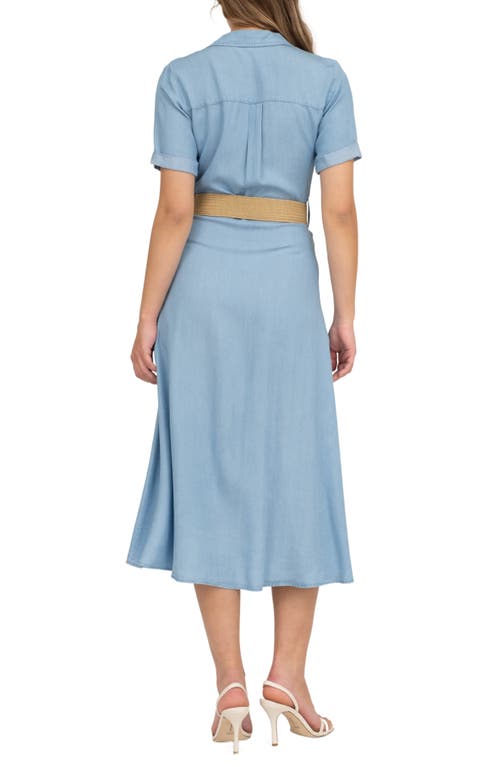 August Sky Short Sleeve Belted Chambray Shirtdress In Chambray
