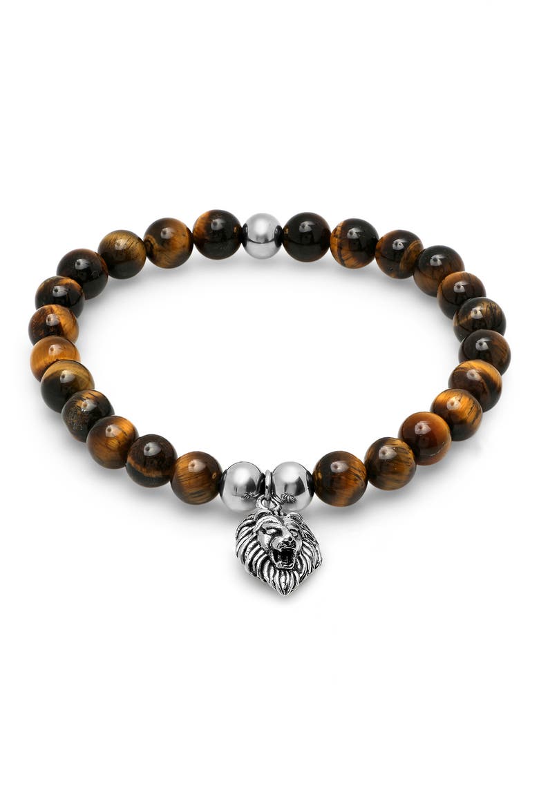 Stainless Steel & Tiger Eye Beaded Tiger Charm Bracelet, Main, color, METALLIC