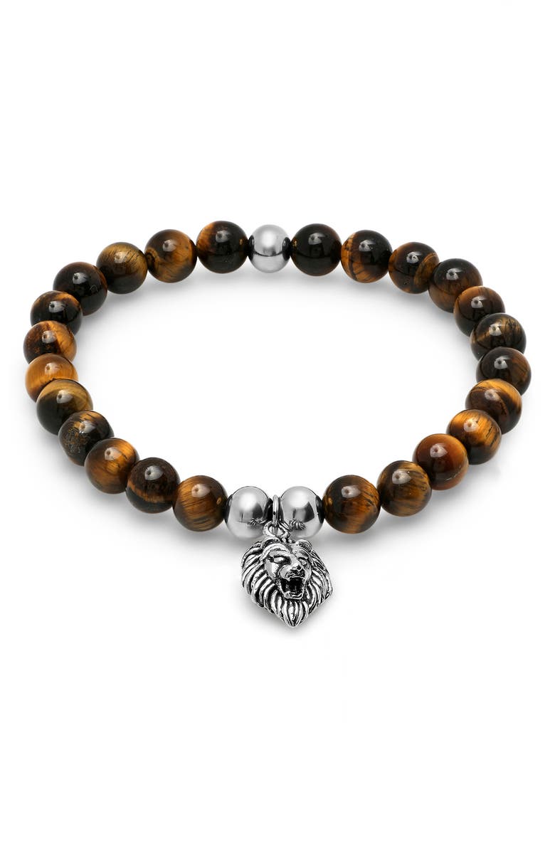 HMY JEWELRY Stainless Steel & Tiger Eye Beaded Tiger Charm Bracelet, Main, color, 