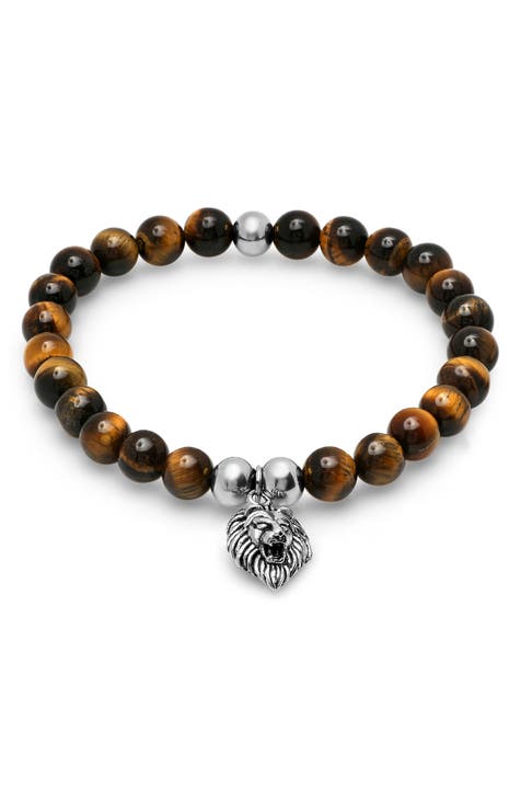 Stainless Steel & Tiger Eye Beaded Tiger Charm Bracelet