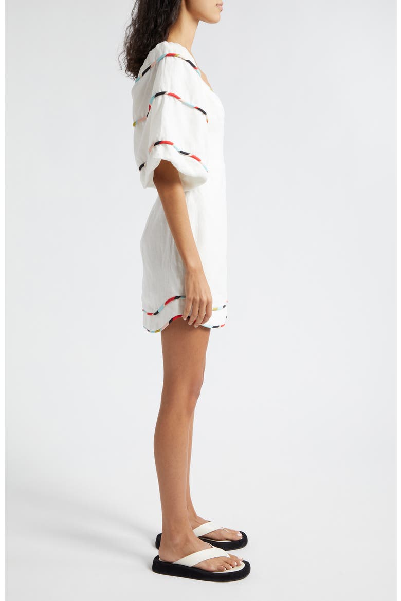 Stripe Trim Puff Sleeve Linen Minidress, Alternate, color, WHITE