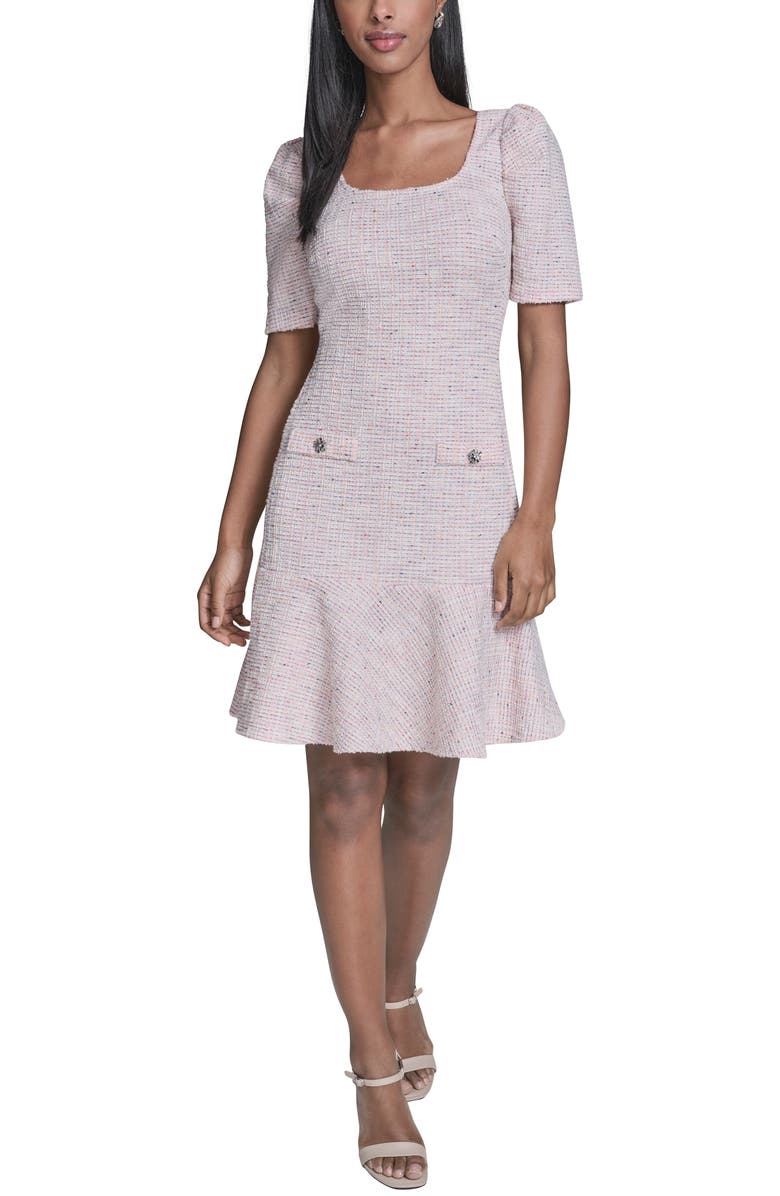 KARL LAGERFELD Frill Hem Metallic Tweed Dress, Main, color, Pink Multi