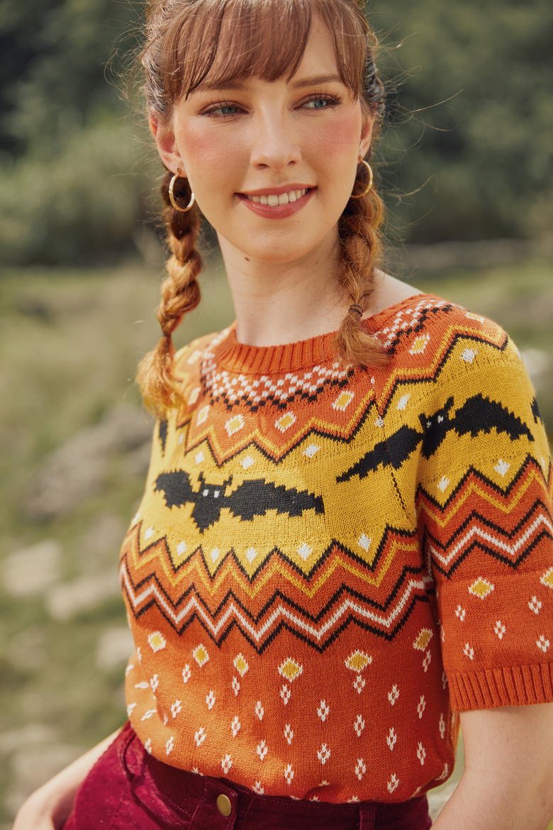 It Be Like 'Bat' Fair Isle Short Sleeve Sweater, Alternate, color, Orange Bat