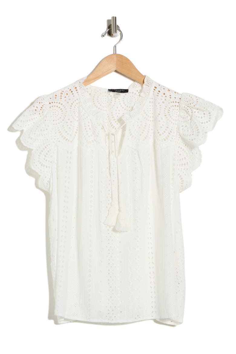 Tie Neck Eyelet Top, Alternate, color, WHITE