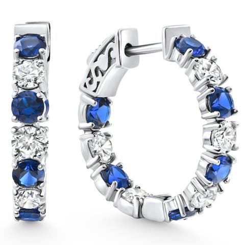 4 1/2Ct Blue Sapphire & Diamond Hoops or Gold Lab Grown 1" Tall