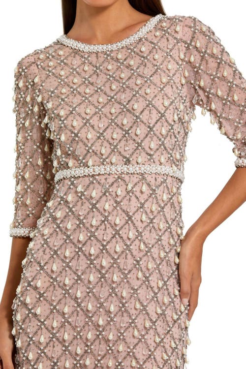 Mac Duggal 3/4 Sleeve Pearl Embellished Mesh Gown In Pink