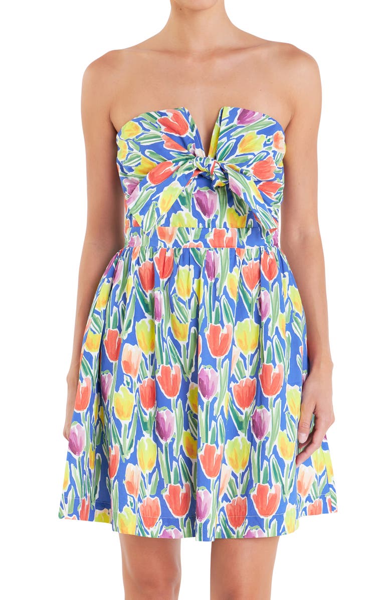 English Factory Floral Tie Front Bustier Strapless Minidress, Alternate, color, Blue Multi