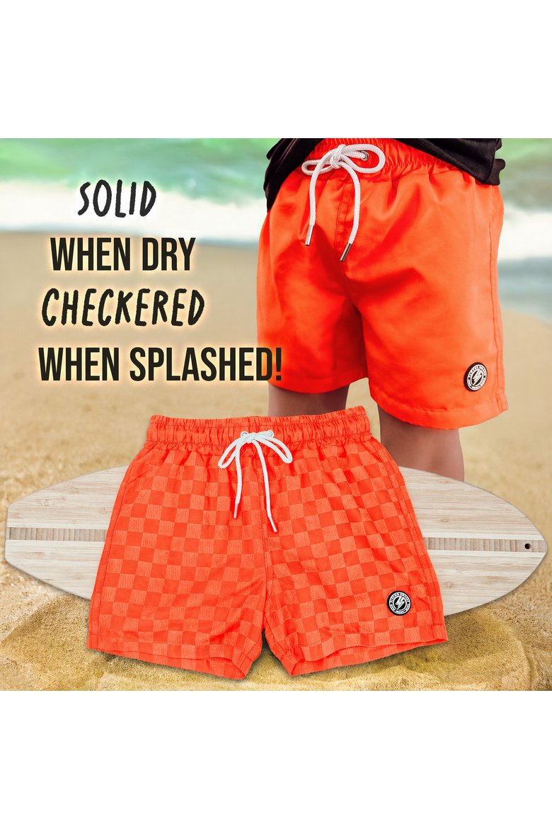 Neon Color Change Checker Swim Trunks, Alternate, color, Neon Orange