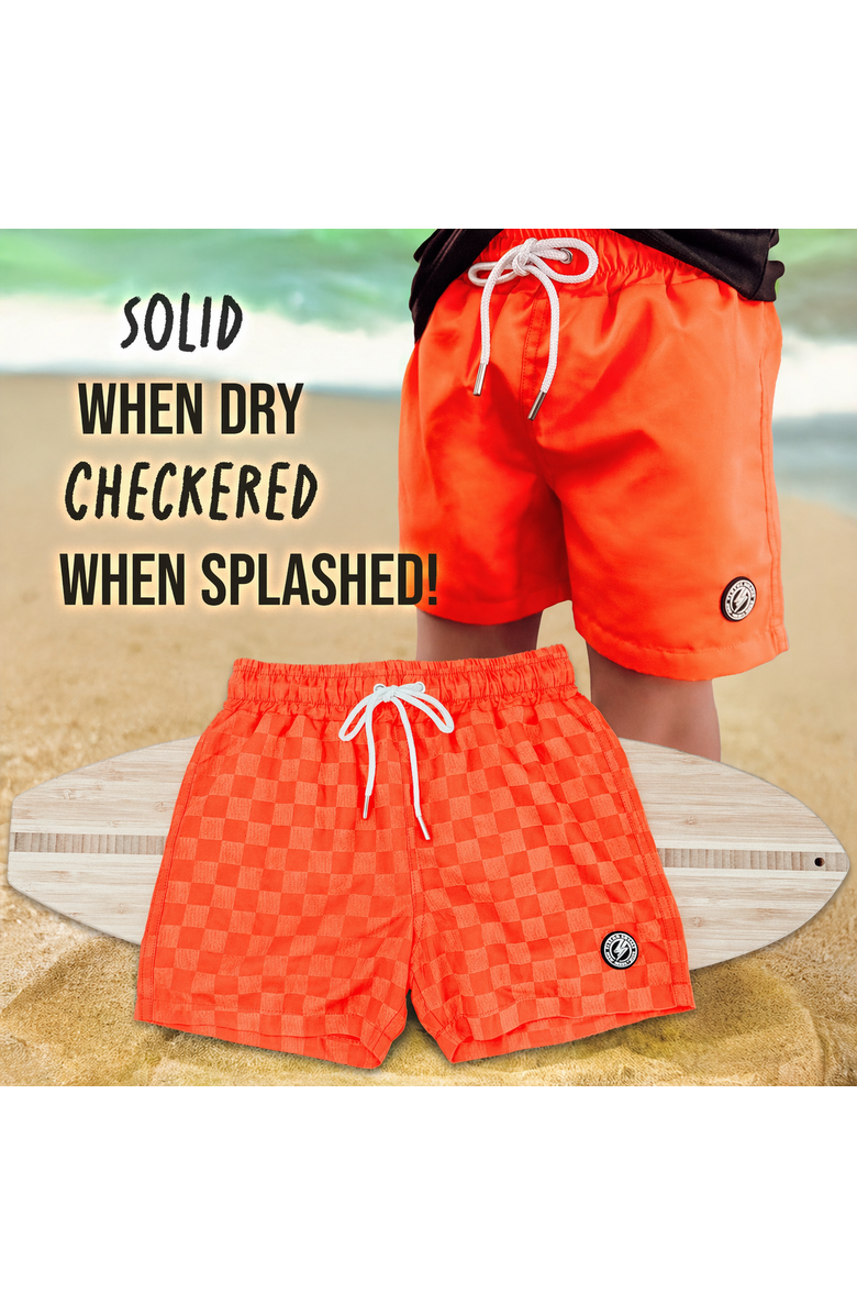 Fletch Neon Color Change Checker Swim Trunks, Alternate, color, Neon Orange