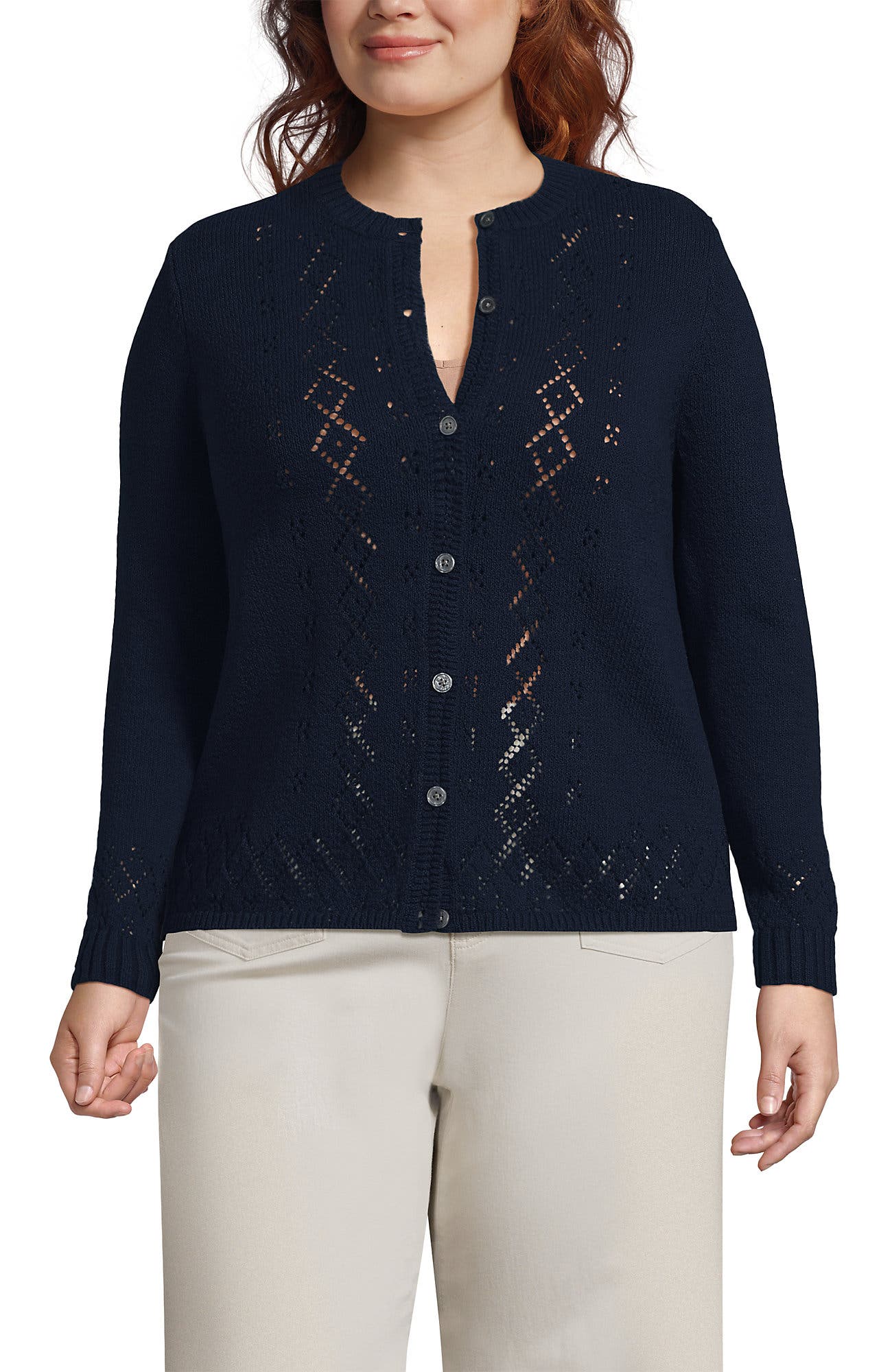 Plus Size Pointelle Crew Neck Cardigan Sweater