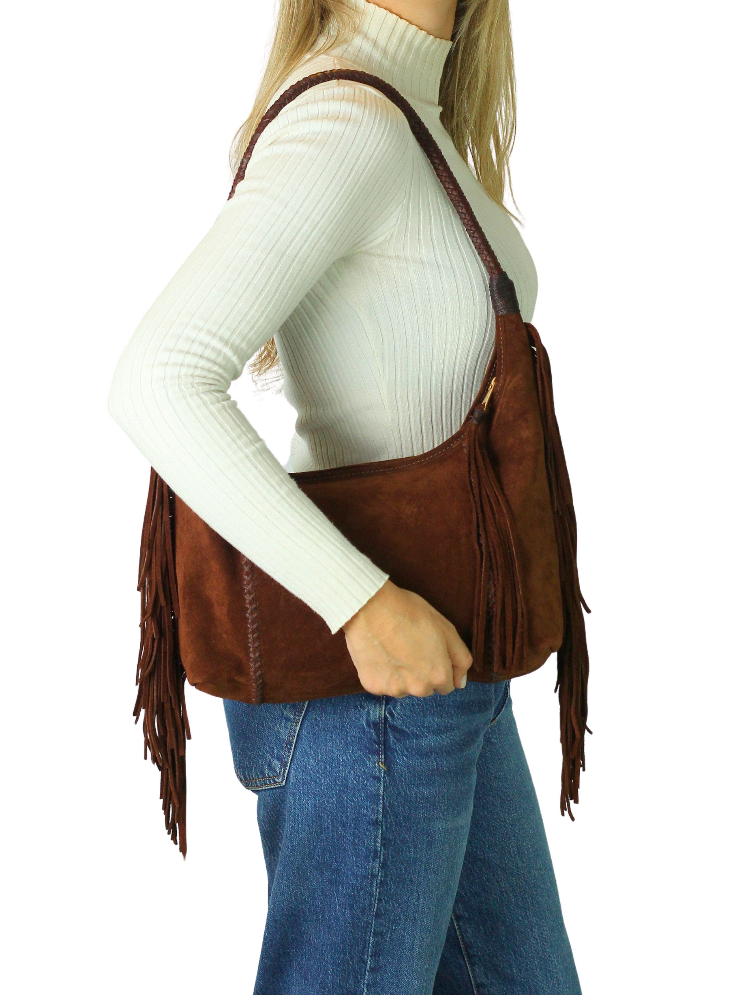 Carlos Falchi Fringe Suede Hobo Bag, Alternate, color, Cocoa
