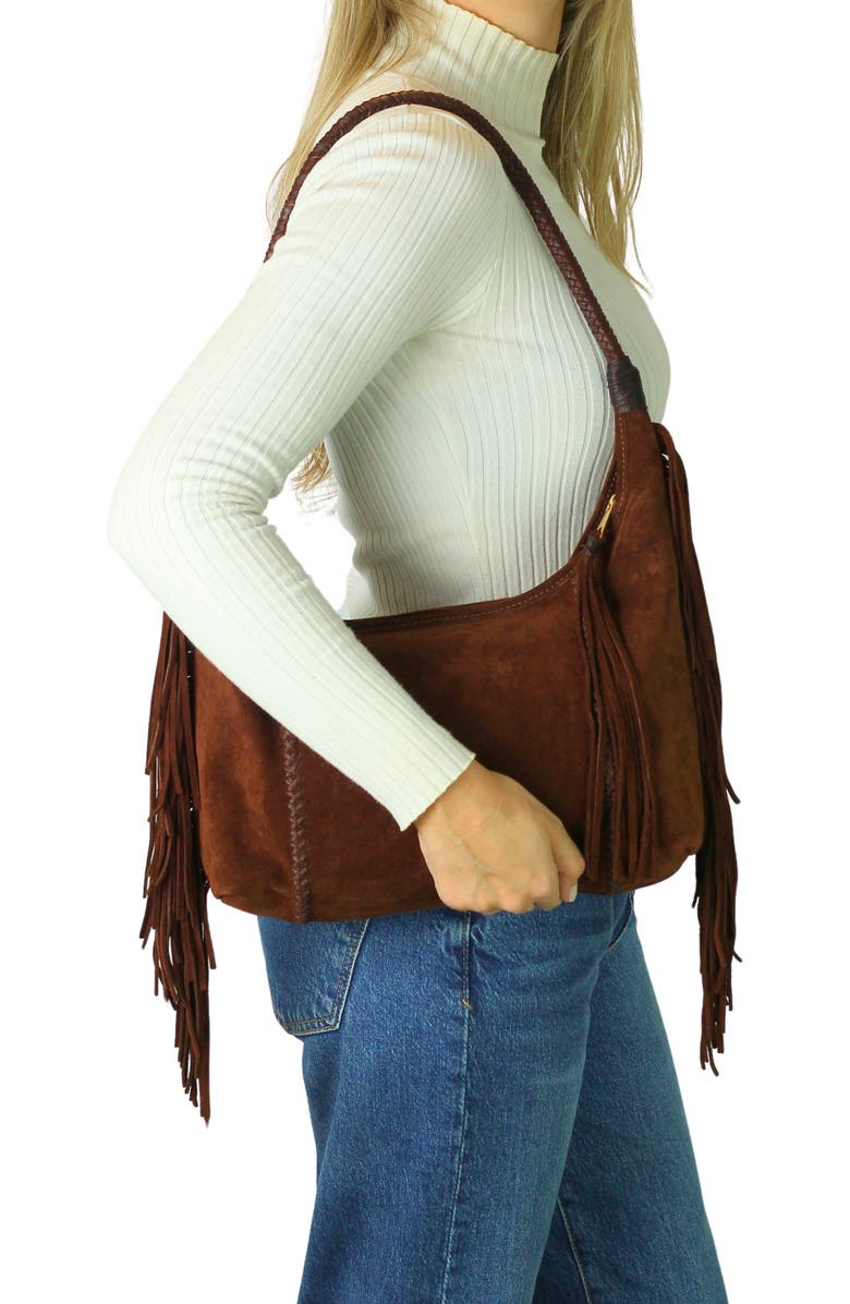 Carlos Falchi Fringe Suede Hobo Bag, Alternate, color, Cocoa