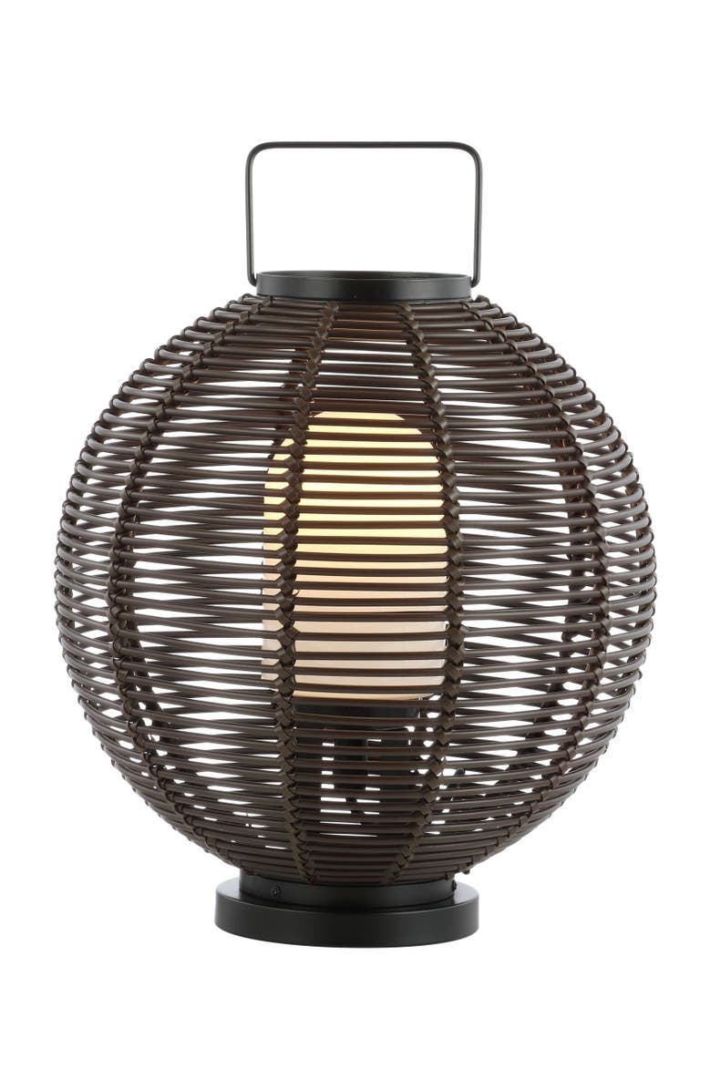JONATHAN Y Jigu 22" Outdoor Woven Globe Asian LED Lantern, Coffee, Main, color, 