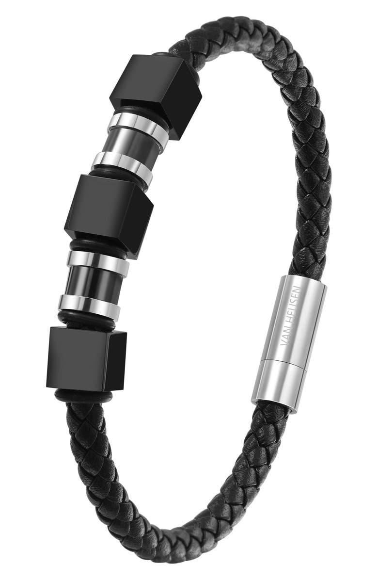 VAN HEUSEN Men's Ornaments Leather Bracelet, Alternate, color, Black