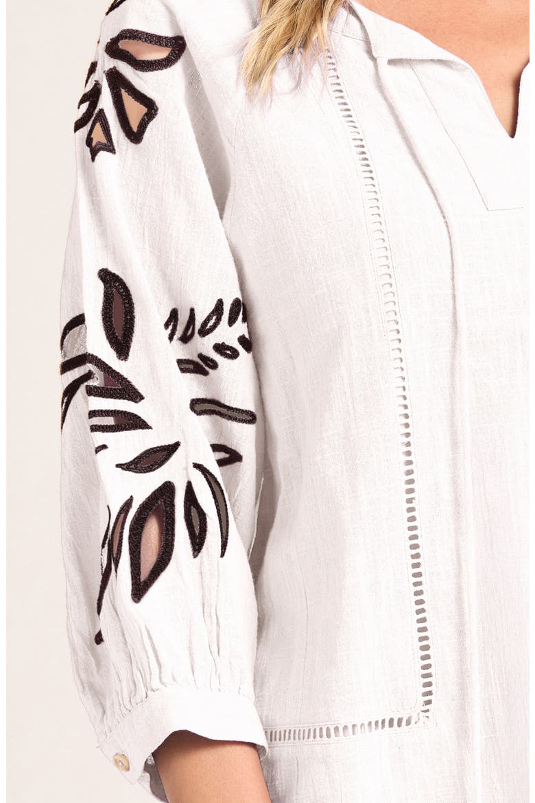 Athena Embroidered Puff Sleeve Cotton Top, Alternate, color, WHITE/ CHOCOLATE