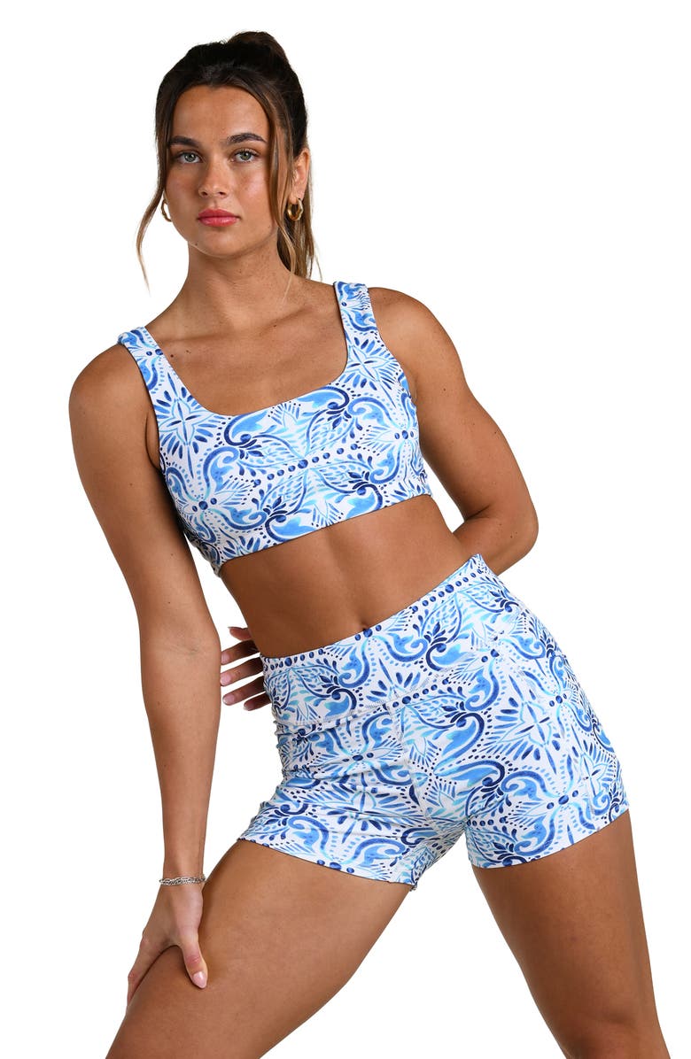 La Blanca Blue Tile High Waist Bike Shorts, Alternate, color, 