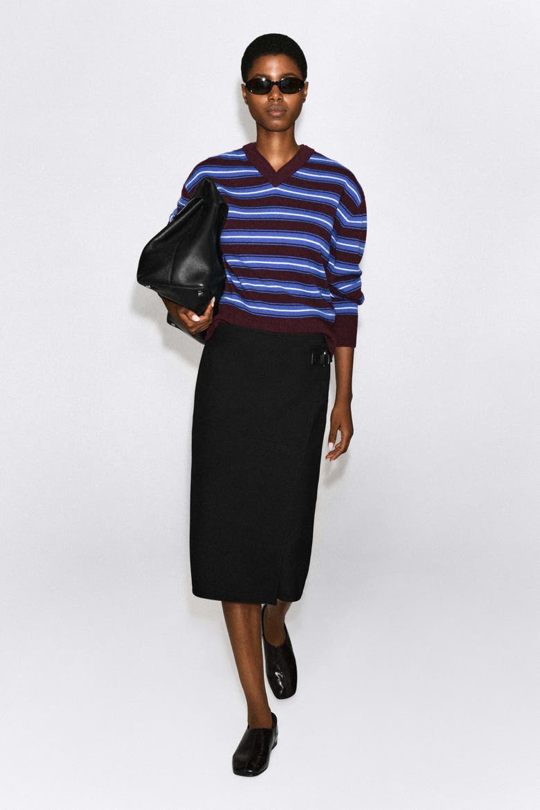 Merino Wool Layered V-neck Sweater, Alternate, color, COBALT / BURGUNDY / STRIPED