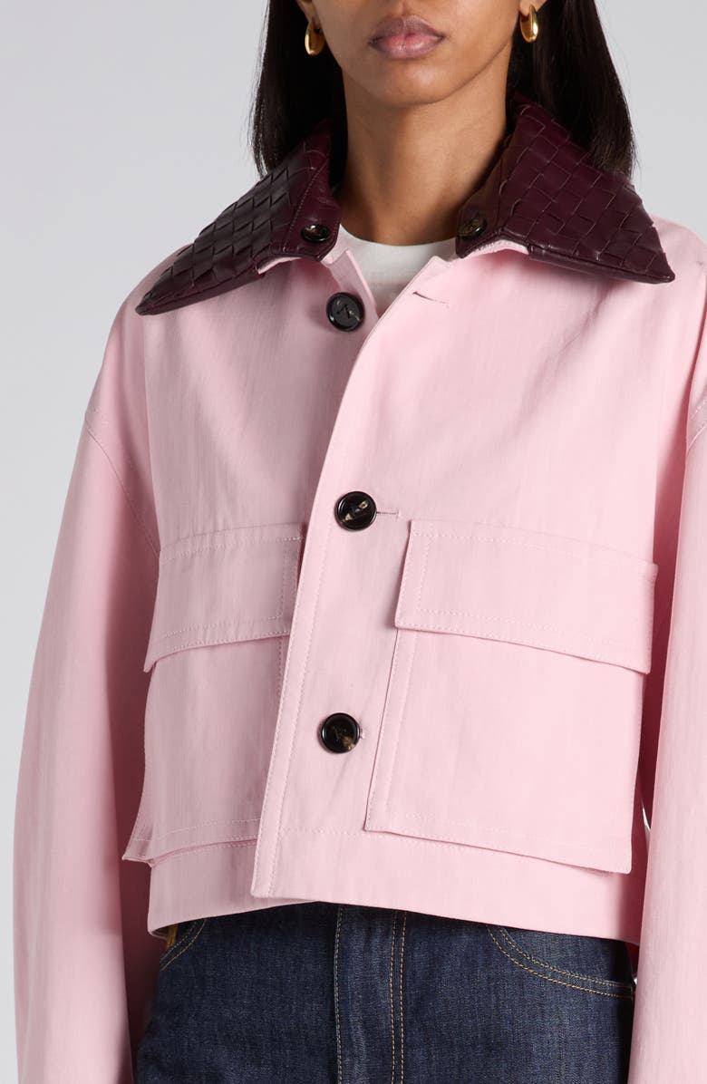 Bottega Veneta Cotton Twill Crop Jacket with Removable Intrecciato Leather Collar, Alternate, color, 
