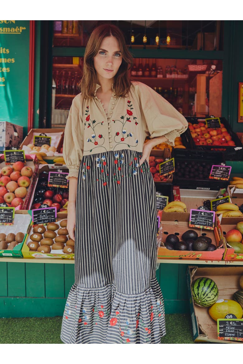 Eliza Embroidered Maxi Dress, Alternate, color, Black Khaki Stripe
