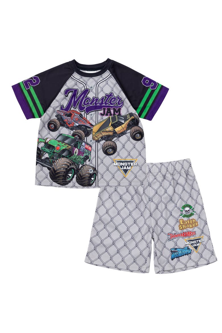 Athletic 2-Piece Baseball Jersey and Shorts Set, Main, color, Grey Monster Jam