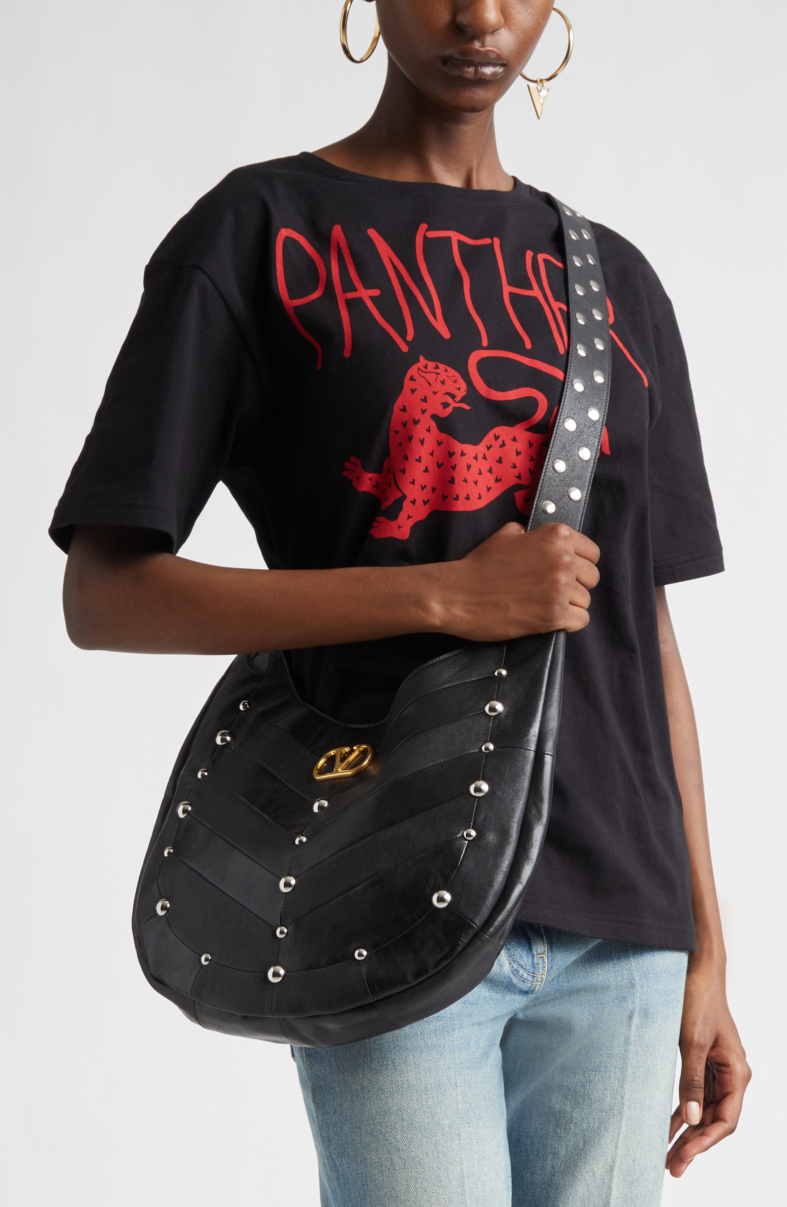 Valentino Garavani Hoboho Patchwork Leather Hobo Bag, Alternate, color, Black