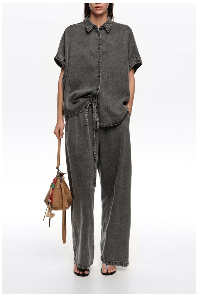 Black washed denim cape shirt, Alternate, color, WASHED DENIM BLACK