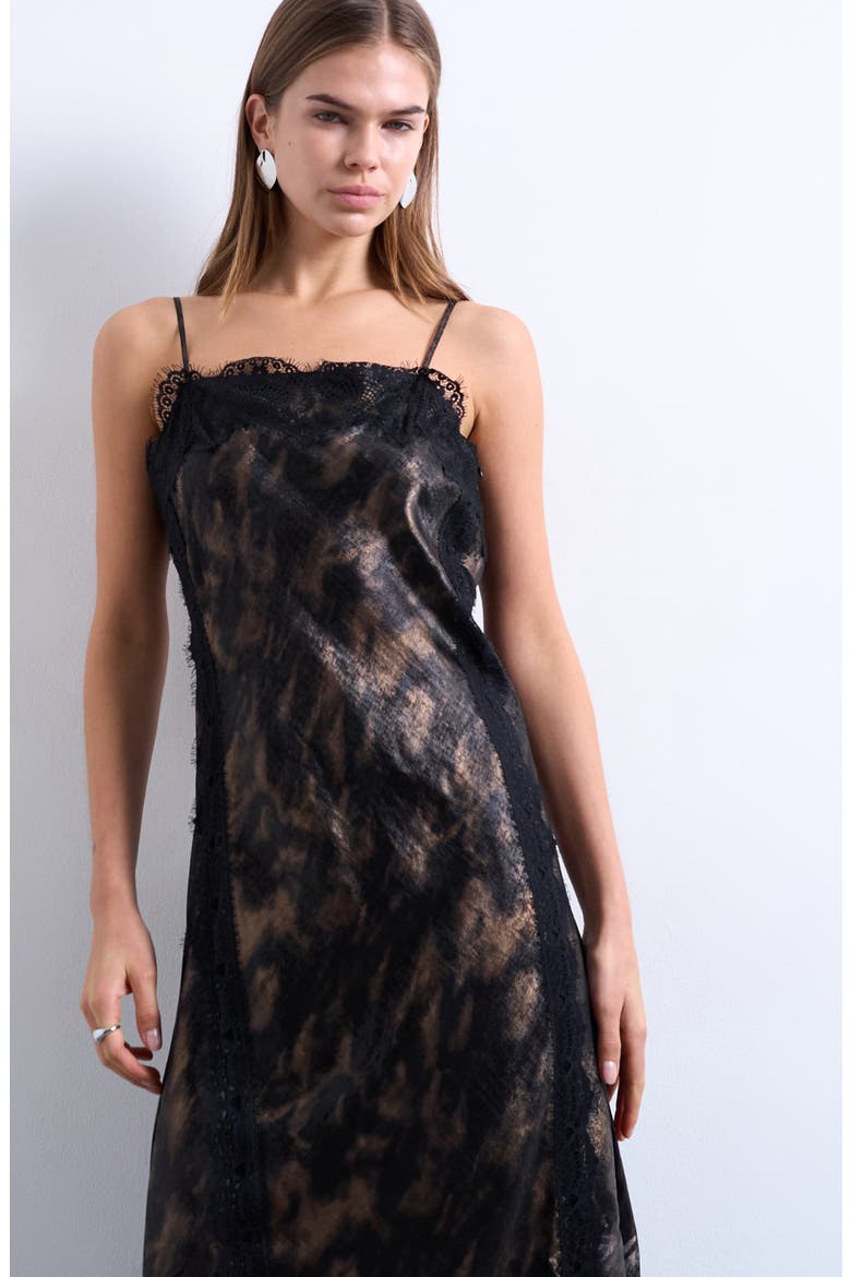 Lace Trim Satin Maxi Dress, Alternate, color, SILVER BLACK PRINT