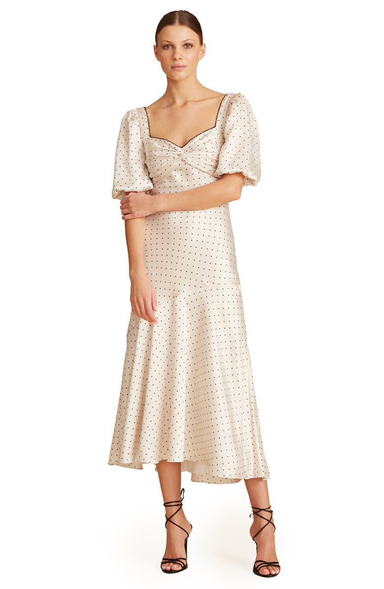 ML Monique Lhuillier Polka Dot Satin Midi Dress, Alternate, color,