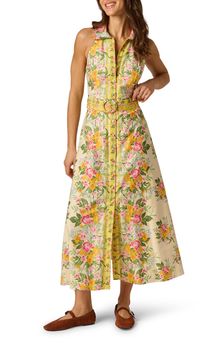 Adrianna Papell Floral Belted Cotton Maxi Shirtdress, Main, color, Pale Yellow