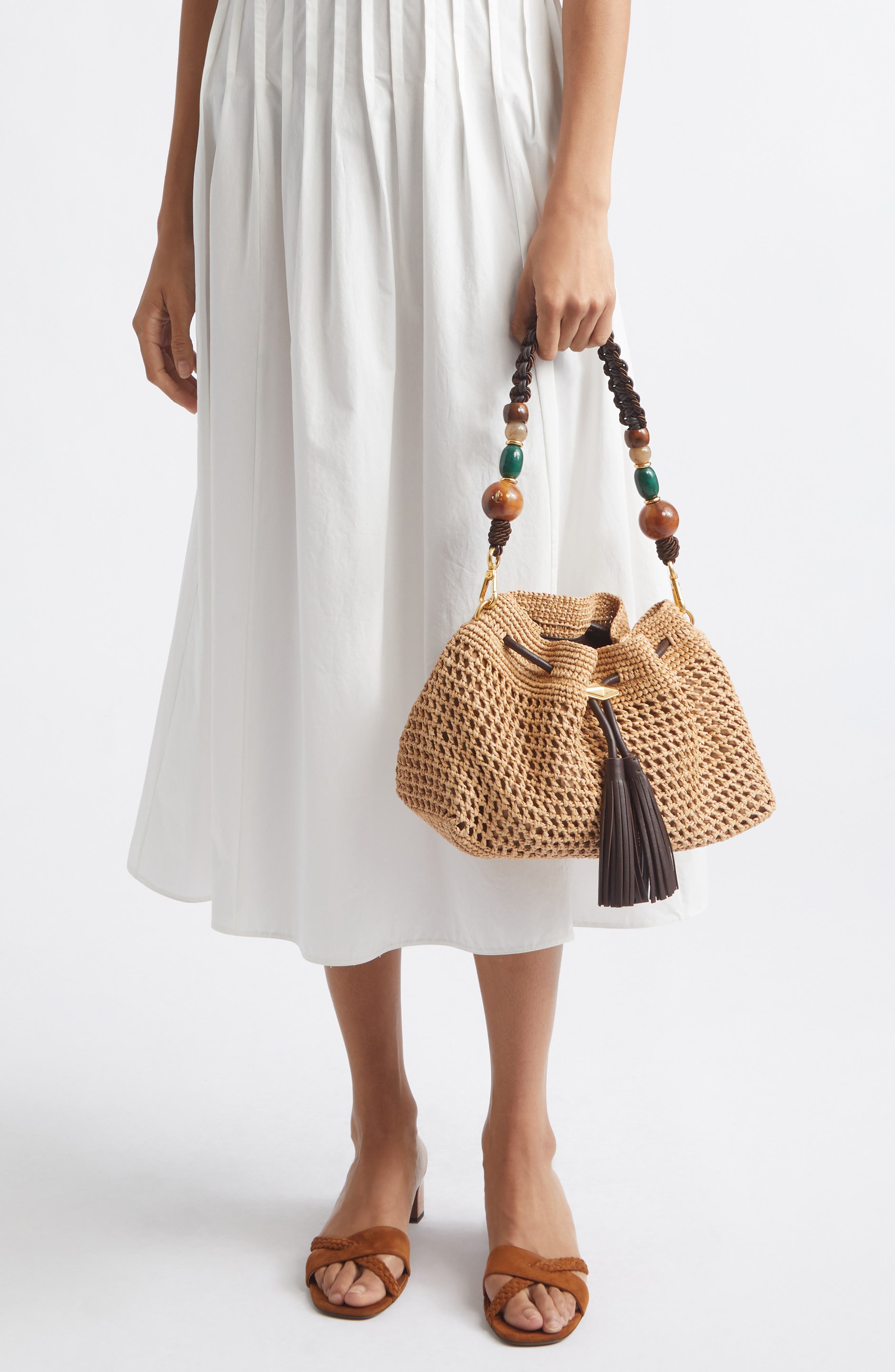 Bon Bon Fringe Raffia East/West Bucket Bag, Alternate, color, NATURAL/ CHOCOLATE/ GOLD