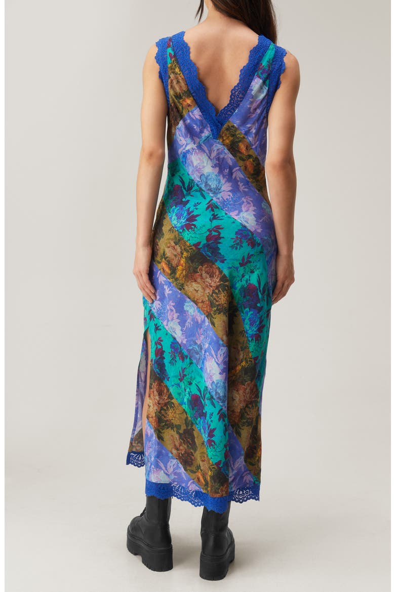 Mixed Floral Print Lace Trim Midi Dress, Alternate, color, BLUE