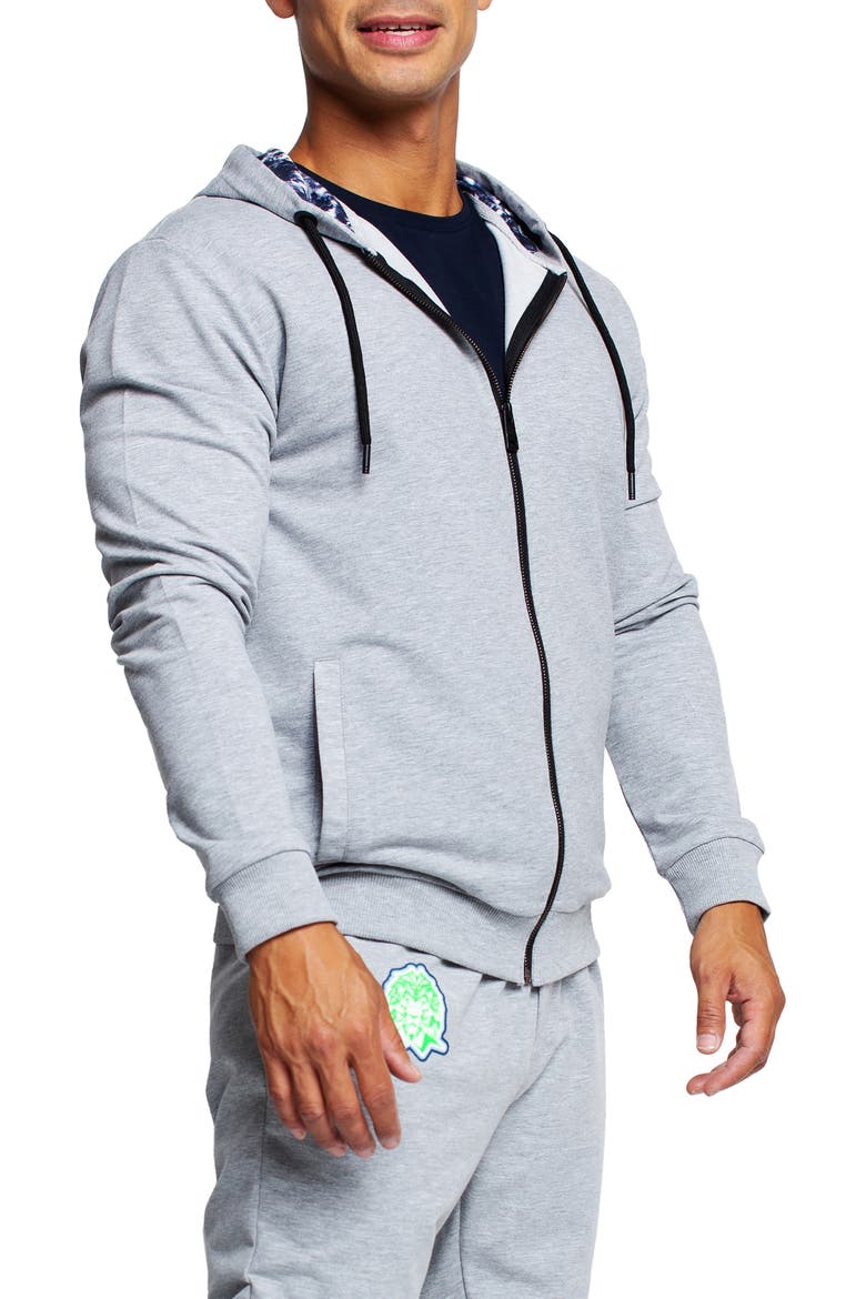 Tie Dye Detail Zip Front Stretch Cotton Fleece Hoodie, Alternate, color, GREY