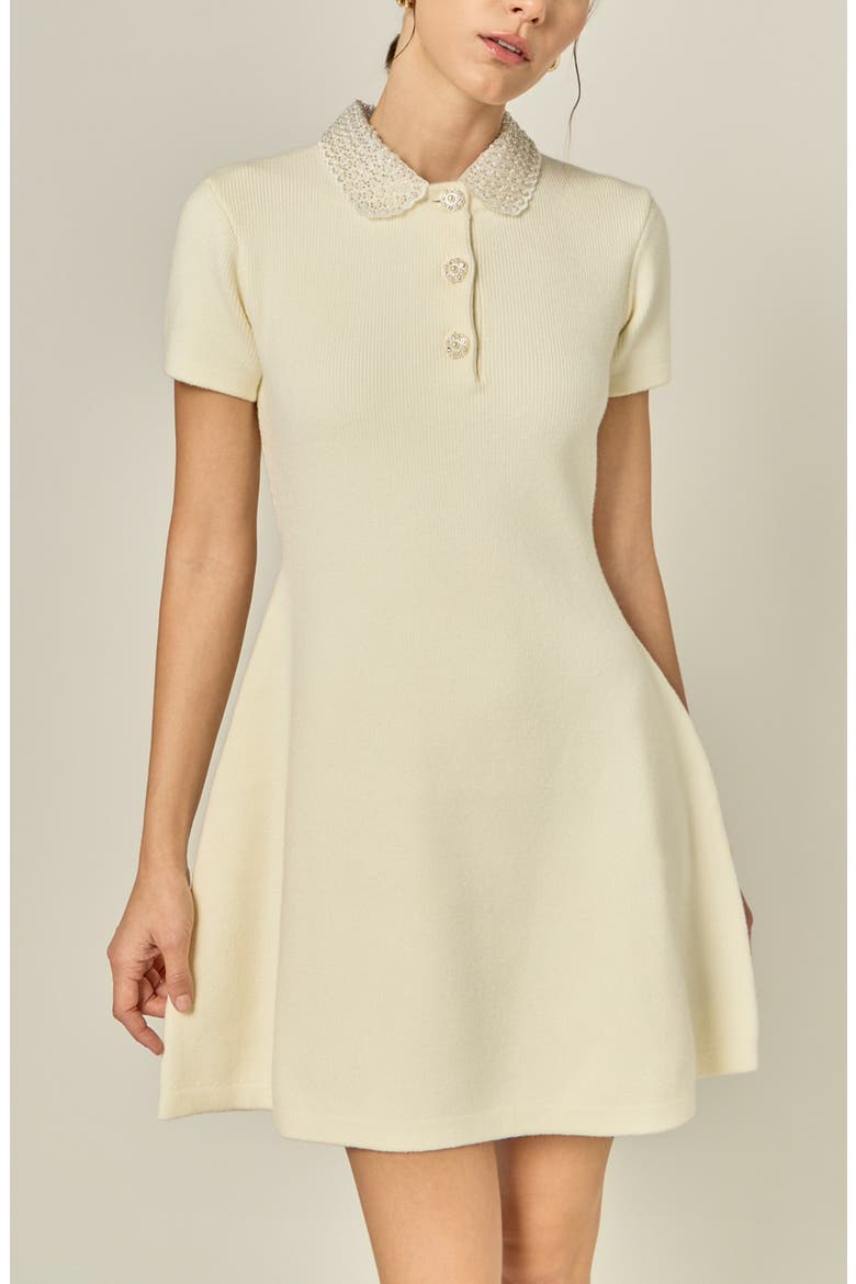 Beaded Collar Knit Fit and Flare Dress, Alternate, color, IVORY
