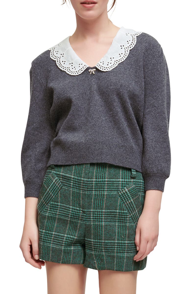 maje Lace Collar Sweater, Main, color, Grey