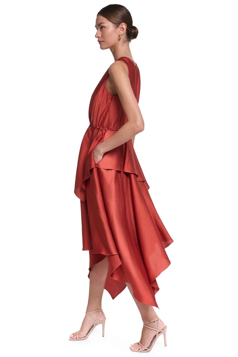 Sleeveless Satin Midi Dress With Layered Skirt, Alternate, color, Cognac
