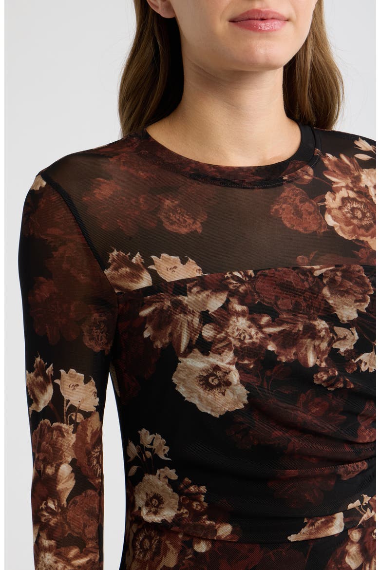 Printed Mesh Midi Dress, Alternate, color, DEEP MAHOGANY MULTI