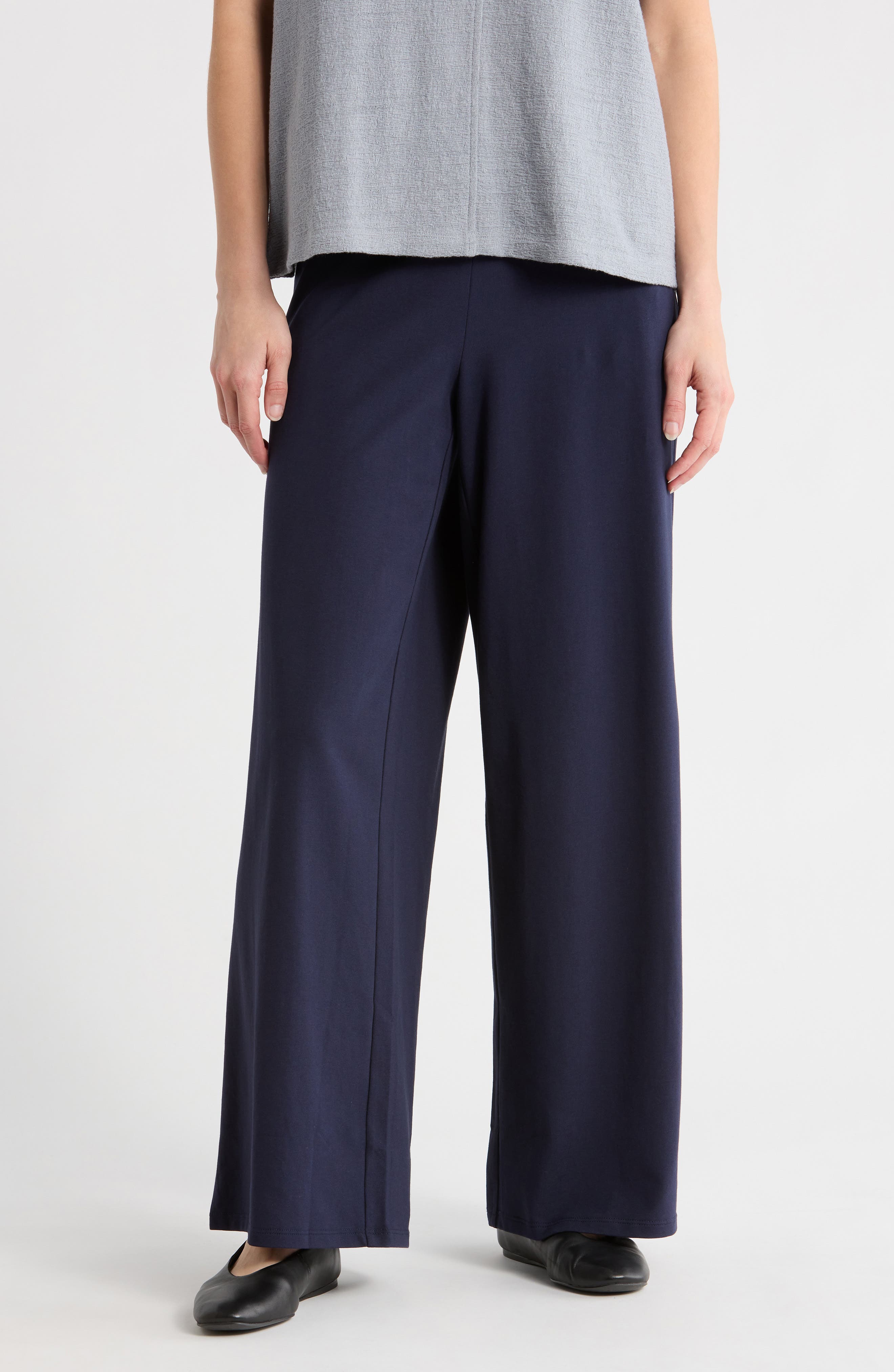 Eileen Fisher High Waist Cotton Blend Wide Leg Pants