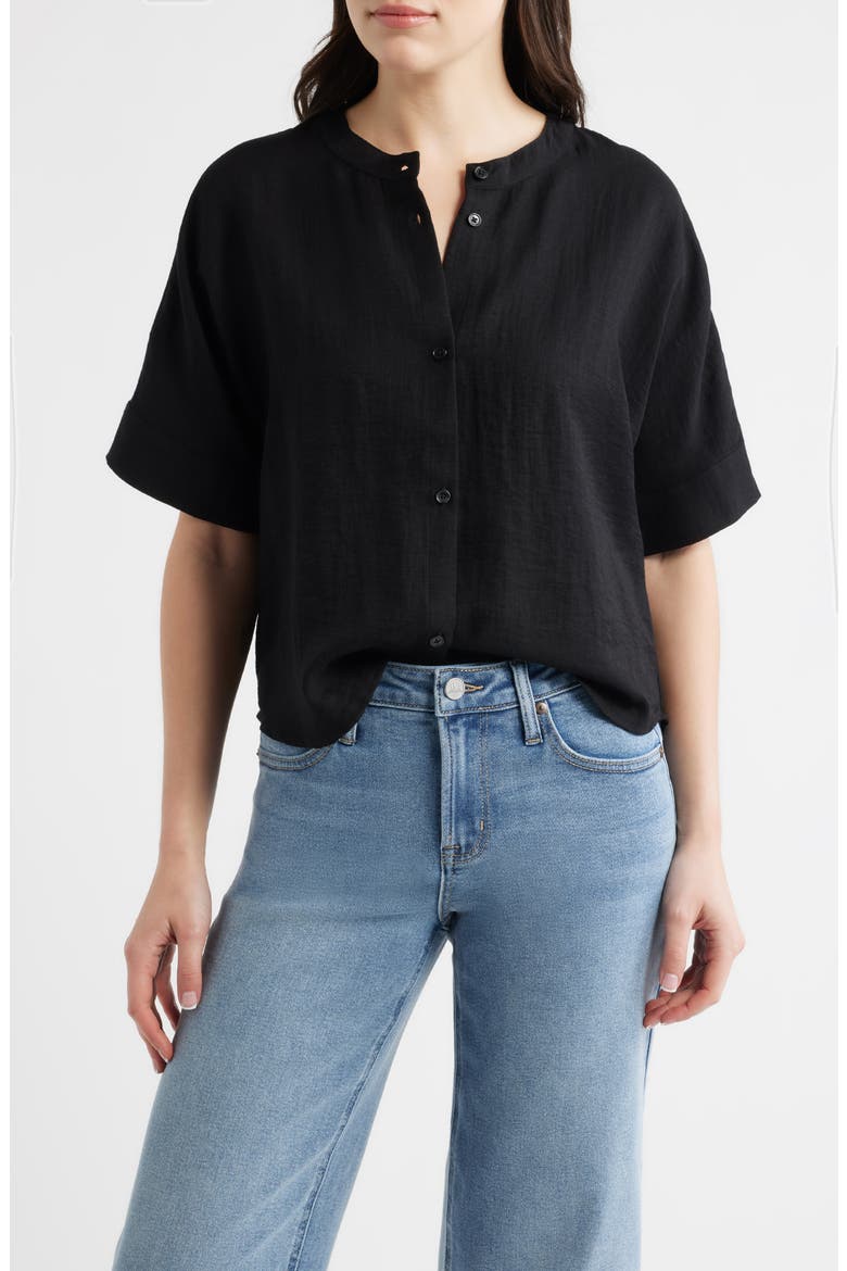 Boxy Short Sleeve Button-Up Shirt, Main, color, BLACK