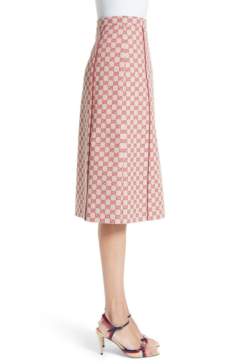 GG Print Canvas A-Line Skirt, Alternate, color, GARDENIA/ HIBISCUS RED