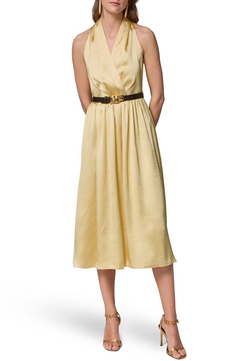 Donna Karan New York Belted Satin Midi Dress, Alternate, color, Panna Cotta