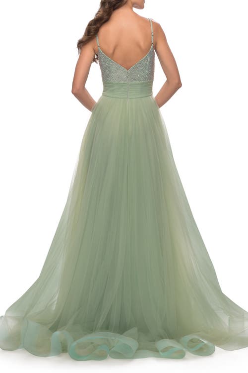 La Femme Tulle Gown With Full Skirt And Rhinestone Bodice In Sage