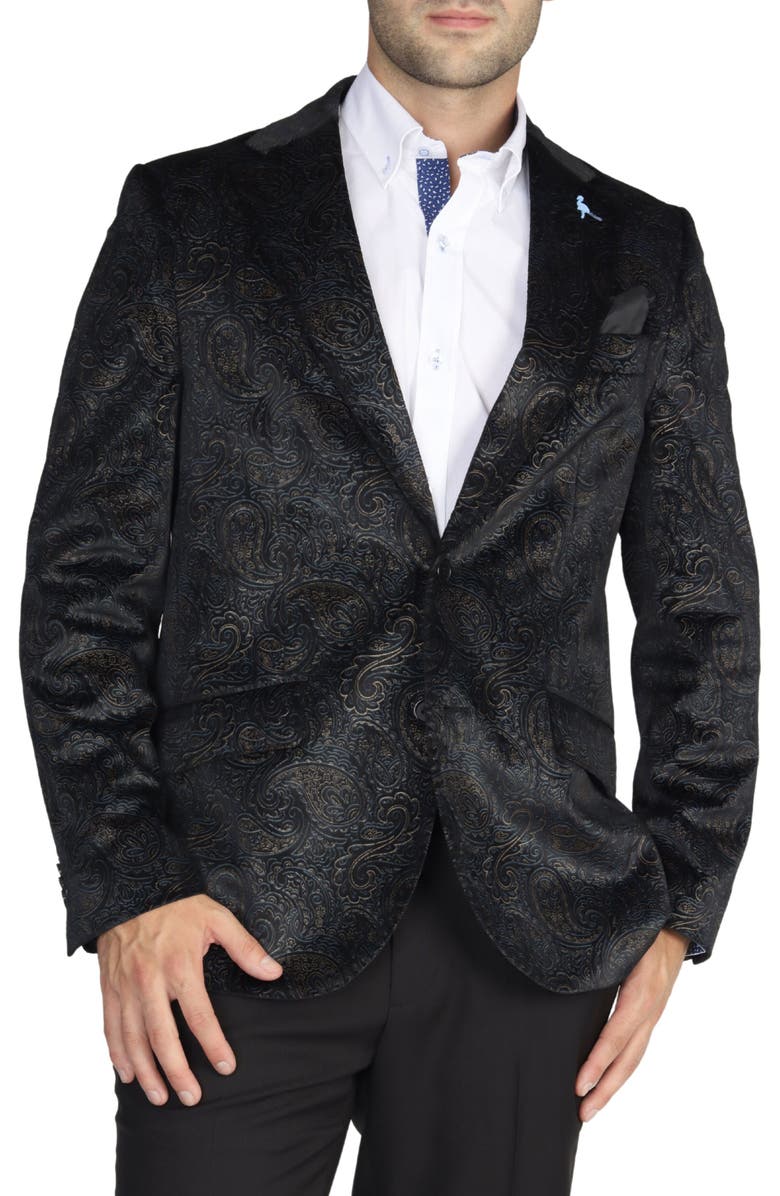 TailorByrd Black Velvet Two-Tone Metallic Paisley Sport Coat, Alternate, color, Black