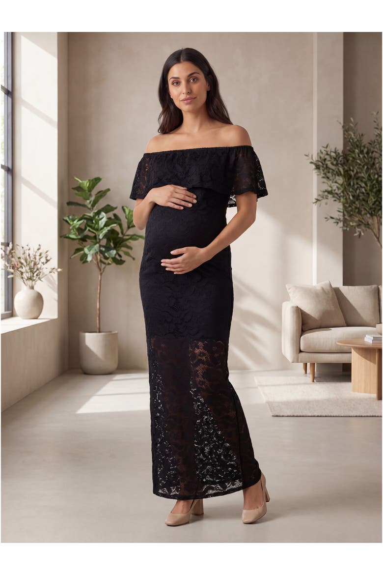 Maternity Elevate Lace Off the Shoulder Side Slit Body-Con Maxi Dress, Alternate, color, Black