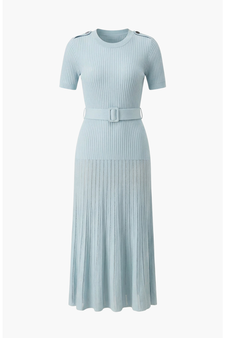 Ribbed Knit Belted Waist Pleated Midi Dress, Alternate, color, Pastel Blue