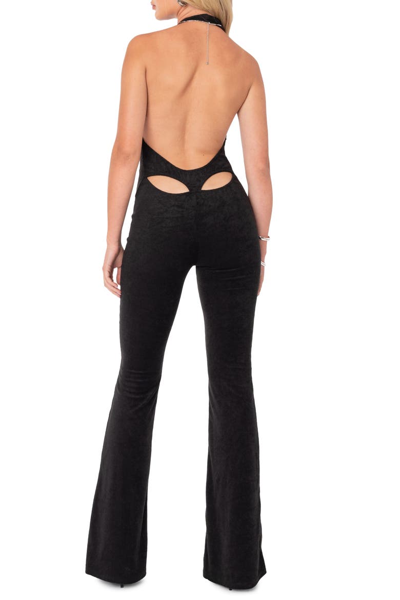 Terri Halter Wide Leg Velvet Jumpsuit, Alternate, color, BLACK