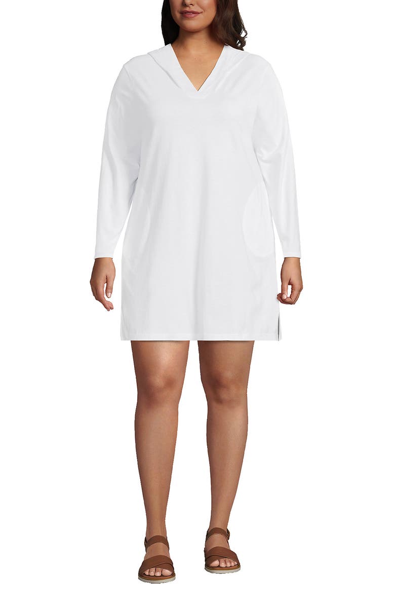 Lands
 End Cotton Jersey Long Sleeve Hooded Swim Cover-up Dress, Main, color, White