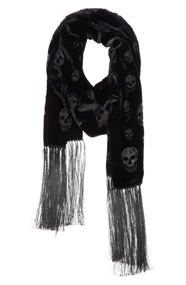 McQueen Classic Skull Velvet Fringe Scarf, Alternate, color, Black