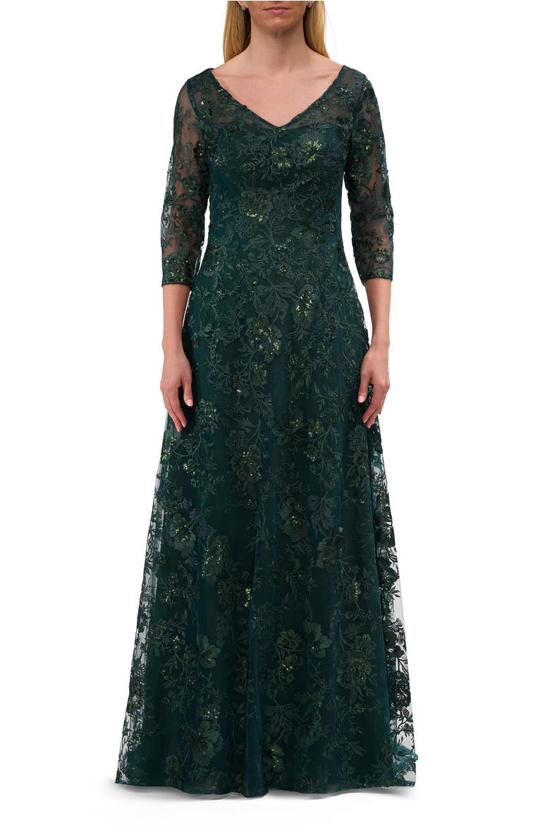 Lace Mother of the Bride Gown with V Neckline, Main, color, Dark Emerald
