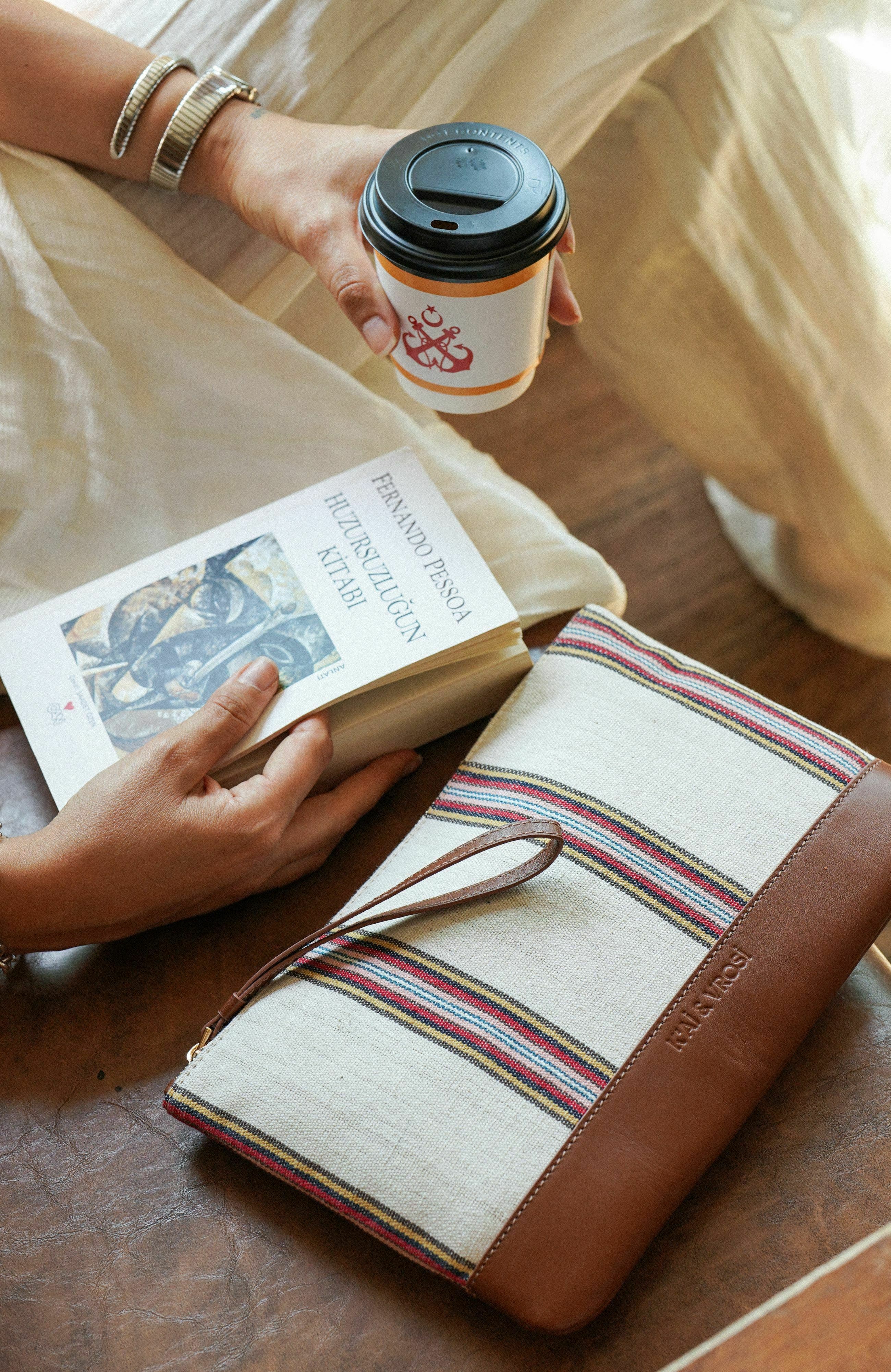Antiochia Calfskin & Handloomed Fabric Clutch, Alternate, color, Brown